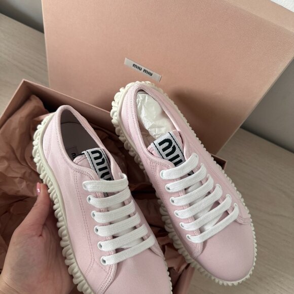 NWT Miu Miu Chunky Low Top Sneakers Gabardine Pink Lace Up White Rubber Soles - Picture 6 of 10